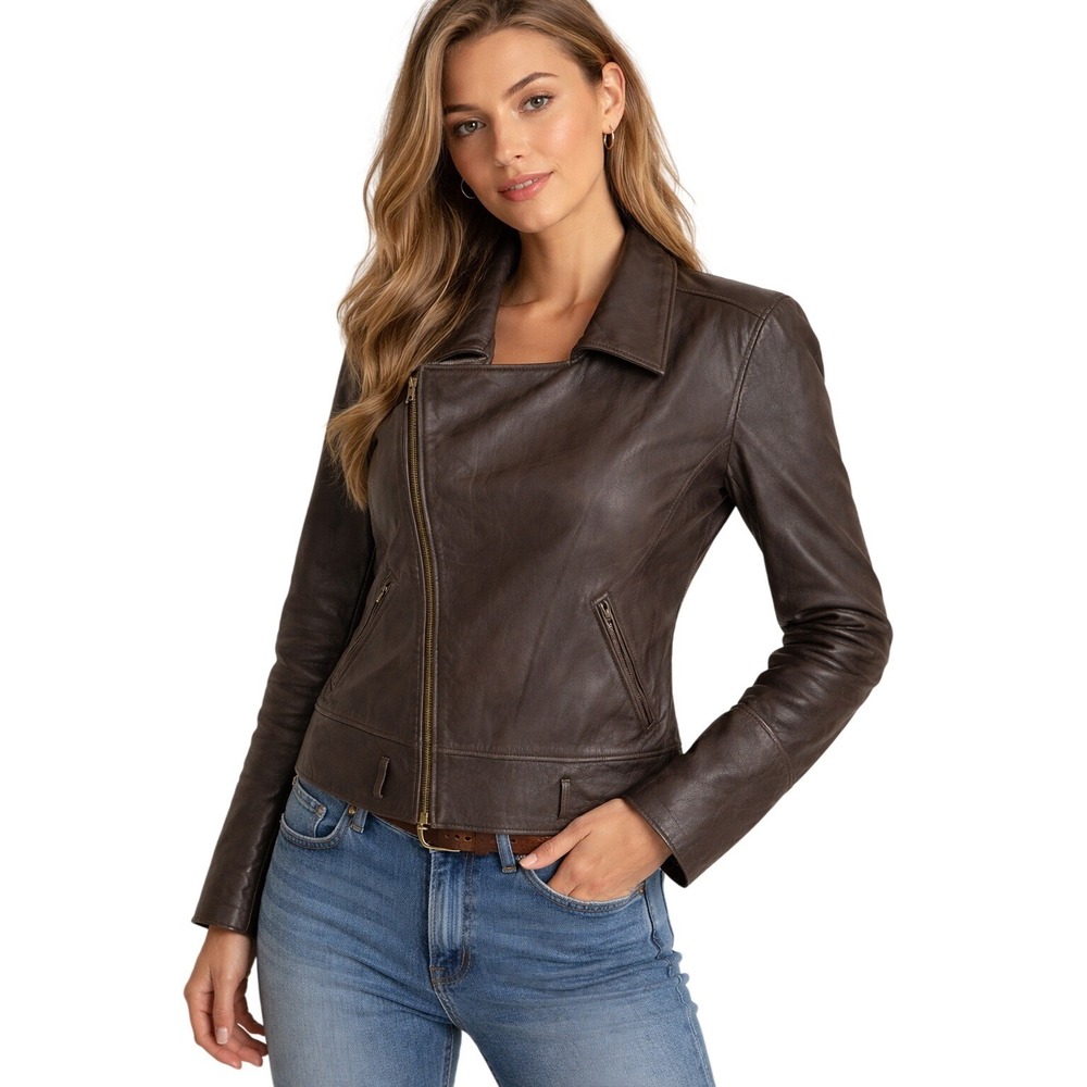 Polo Ralph Lauren Womens Brown Leather Asymmetrical Biker Moto Jacket Large Y2K‎
